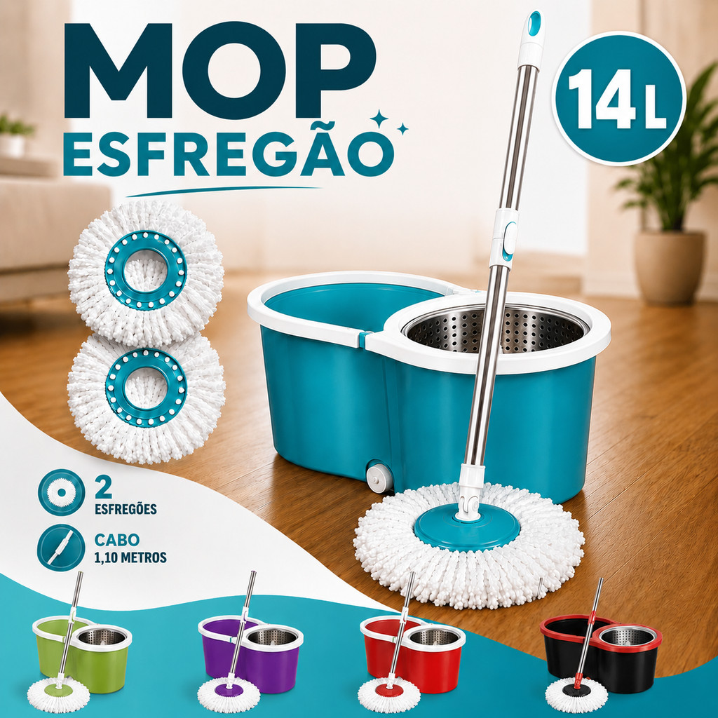 Mop Giratório 360 Balde Inox 14 Litros Esfregão Rodo Limpeza Pesada Prática com Refil Microfibra Doméstico para piso