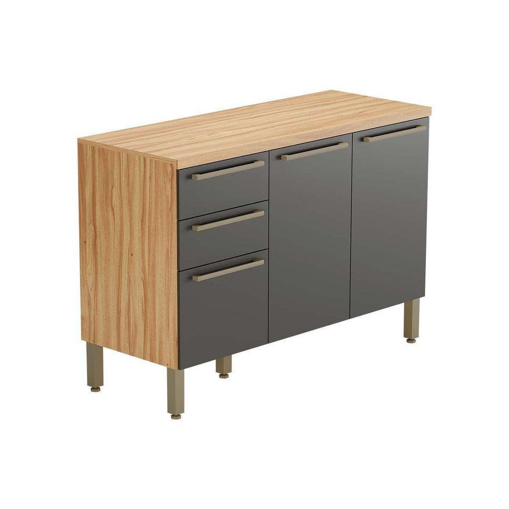 Balcão de Cozinha Nápoli Prime 3 Portas e 2 Gavetas c/ Tampo 120cm Amendoa/Chumbo - Ronipa