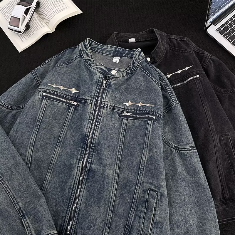 Jaqueta jeans curta americana masculina primavera outono High-End sentido rufião bonito jaqueta Street Wear almofada de
