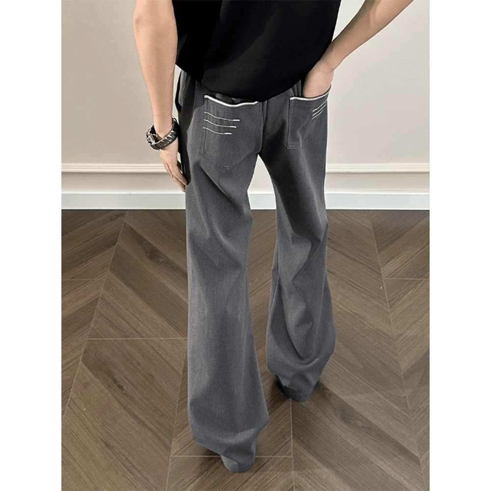Cinza quatro linhas bordado Micro-Lacing calças masculinas americanas high Street vibe calças Drape high-End calças casu