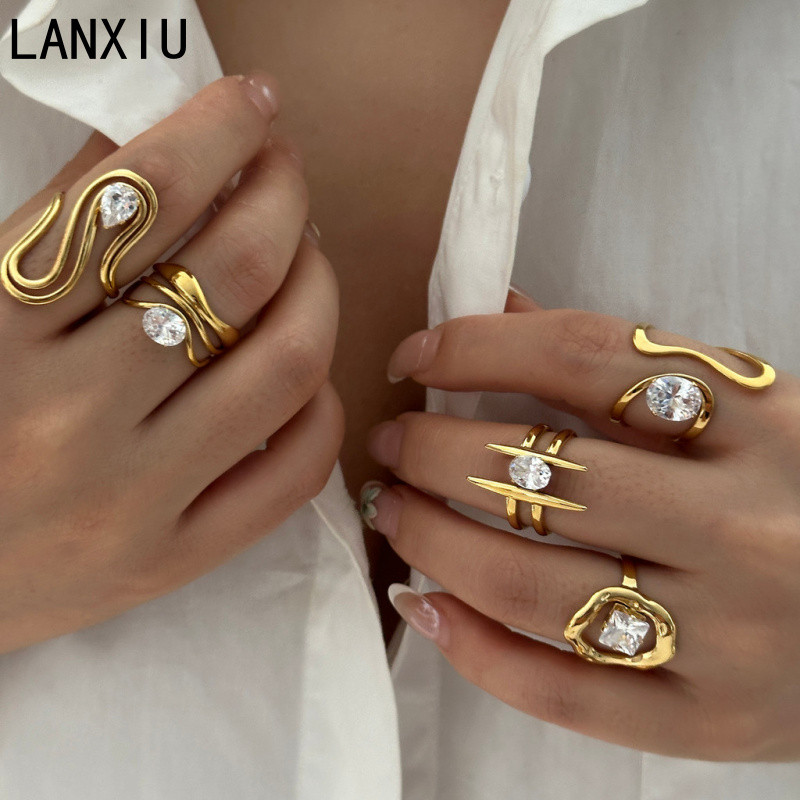 Anel Geométrico Irregular de Aço Inoxidável Dourado com Pedras CZ da LANXIU Anéis Ajustáveis e Empilháveis Moda Feminino