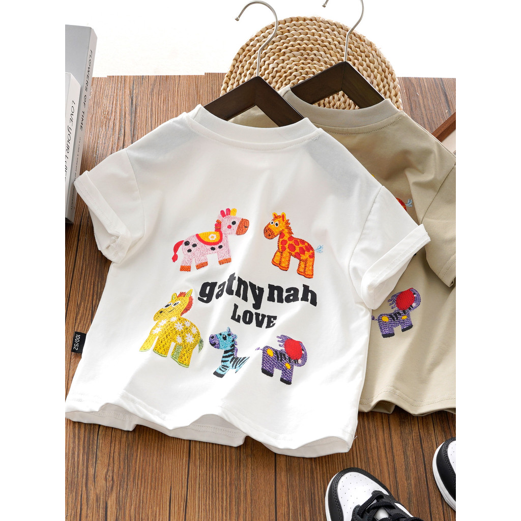 Meninos puro algodão de manga curta camiseta verão novo estilo crianças roupas de verão meninos solto bebê pônei bordado