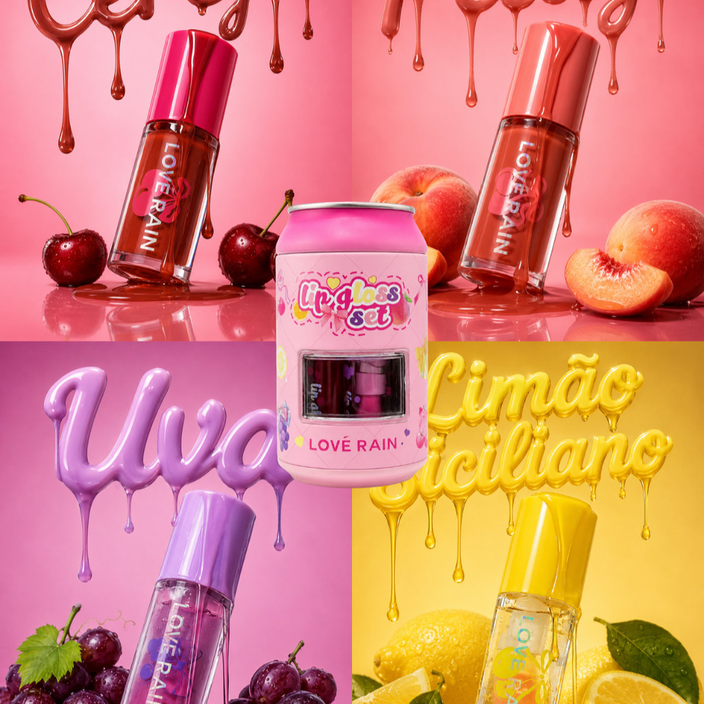 Kit 4 Gloss Labial Lové Rain Hidratante Brilho Intenso Efeito Espelhado Lip Gloss Longa Duração 4 Sabores