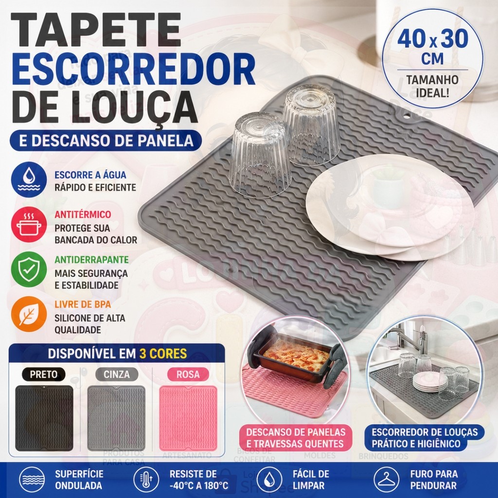 Tapete Escorredor De Louça Silicone 40x30cm Antiderrapante Antitérmico Descanso De Panela Cozinha