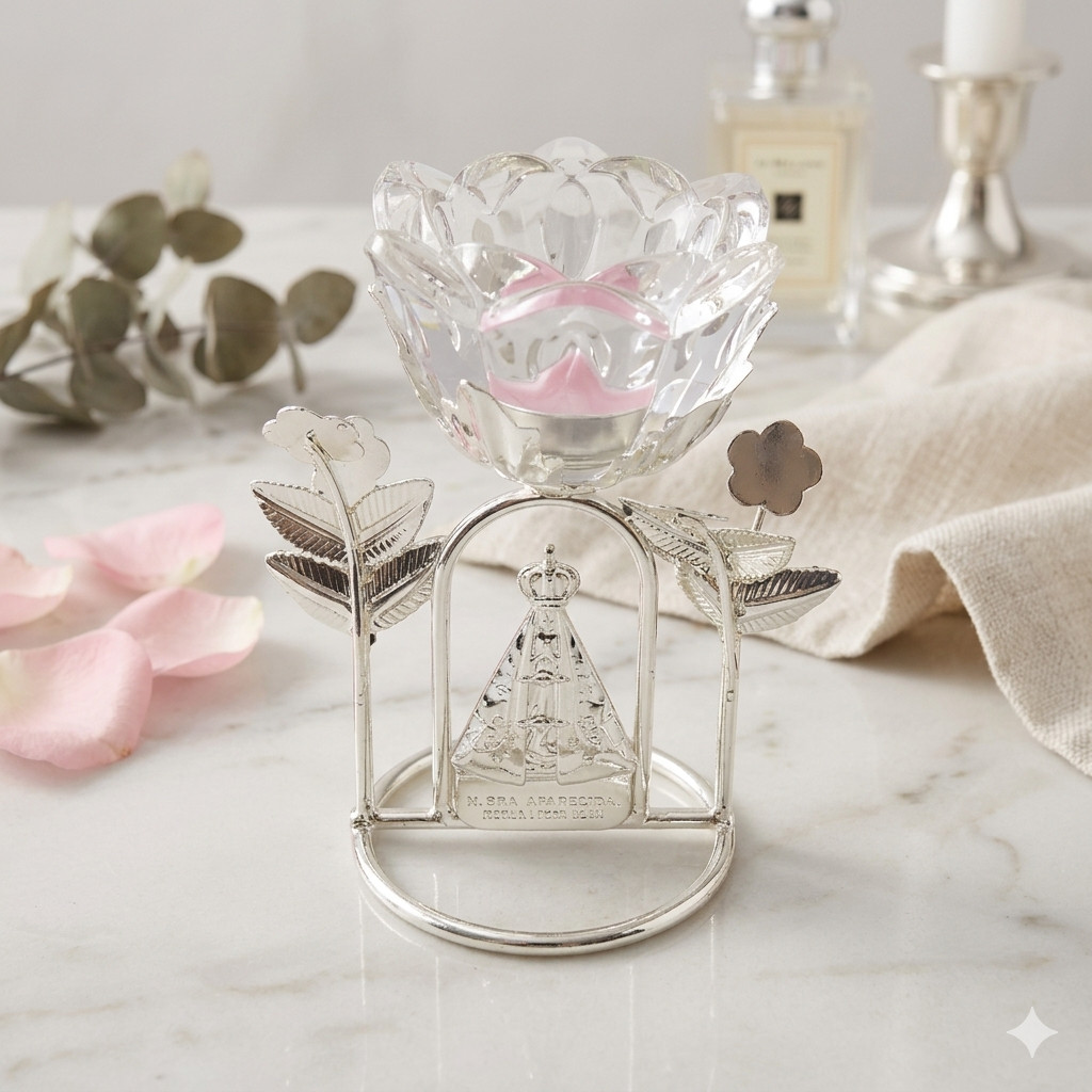 Castiçal Rosa Vidro 13cm Transparente Base Metal Nossa Senhora Aparecida Decoração Religiosa Presente Fé Imagem