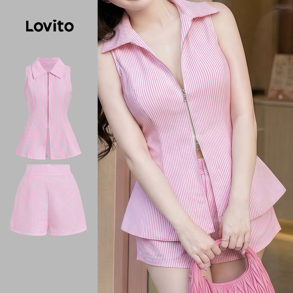 Lovito Casual Tops ou Bottoms Zíper com Contraste Gola Linhas Conjunto Rosa Primavera/verão para Mulheres L190ED153
