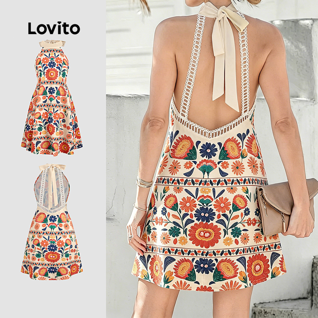 (New Arrival) Lovito Vestido Boho Sem Costas Exagerados para Primavera/verão feminino L195ED164