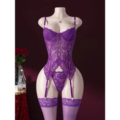 Novo conjunto de lingerie feminina sexy de renda, composto por 3 peças, incluindo um body teddy com sutiã com aro e cint