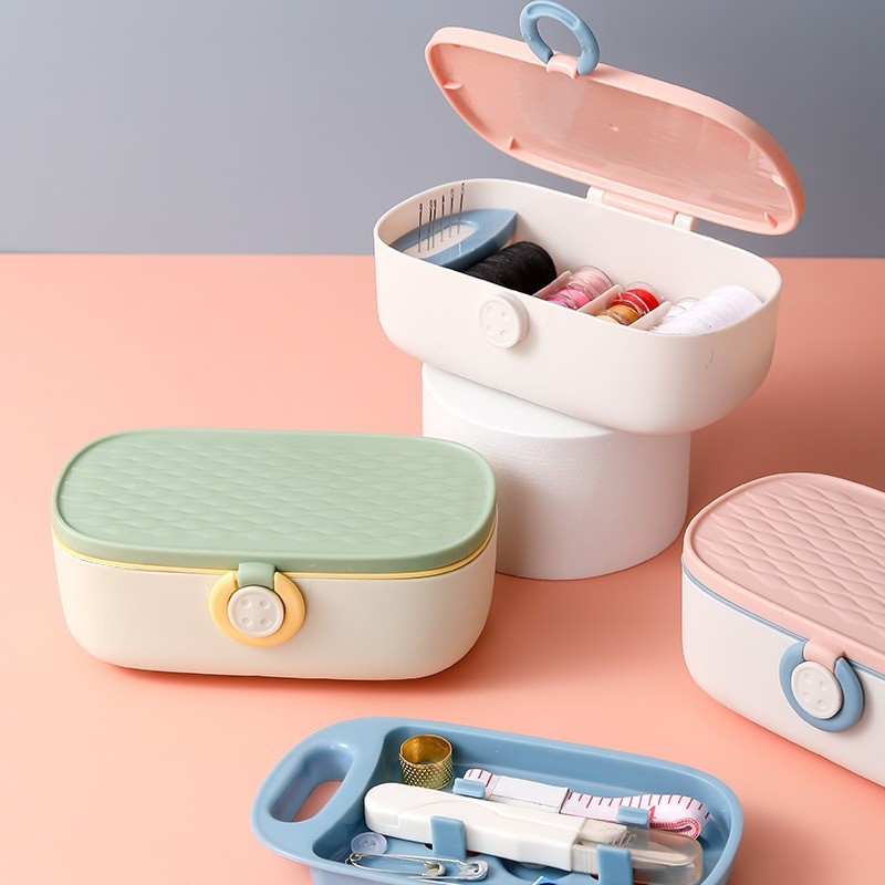 Kit de Costura Multifuncional para Uso Doméstico, Conjunto Portátil com Fivela, Dedal e Caixa de Armazenamento de Agulha