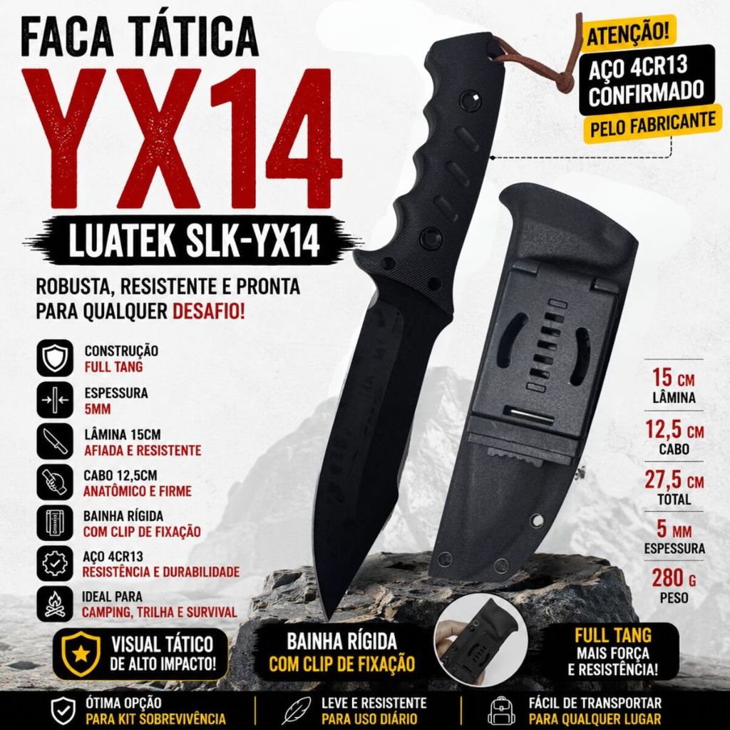 Faca Tática Brutal Black YX14 Full Tang 4Cr13 Bainha Rígida