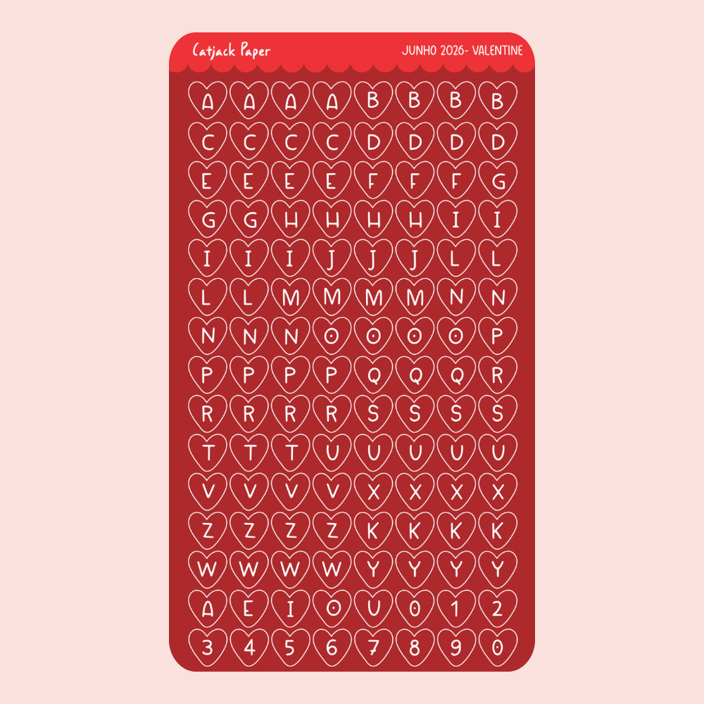 Cartela de Adesivos Alfabetos estilo Corações 1 cm para Bullet Journal, scrapbook colagens hobonichi