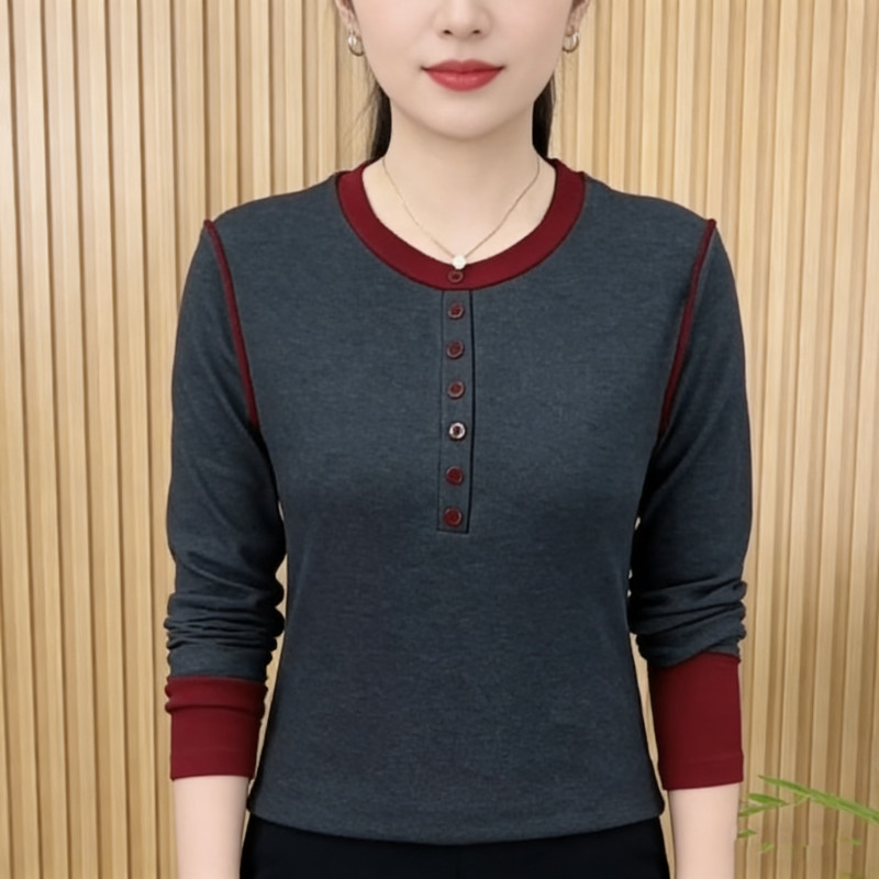 Camiseta de manga comprida com botão de cor contrastante para mãe primavera outono estilo ocidental feminino de meia-ida