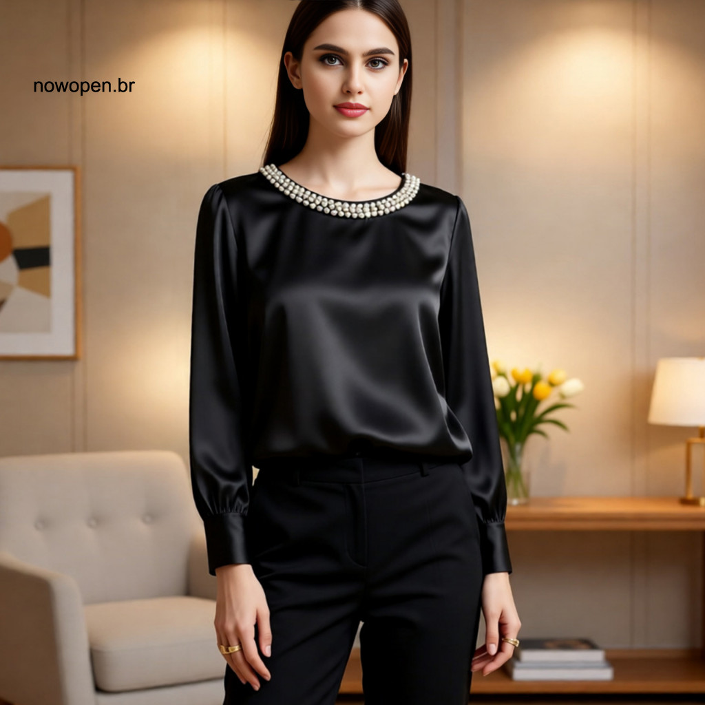 Long Sleeve Shirt Women Office Wear Top Women’s Satin Round Neck Pullover with Faux Pearl Decor Loose Fit Solid Color
