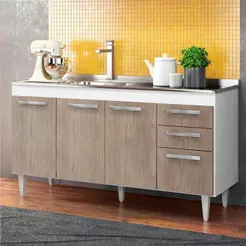 Balcão Gabinete com Pia Inox 150cm Lisboa Branco/Castanho - Lumil Móveis
