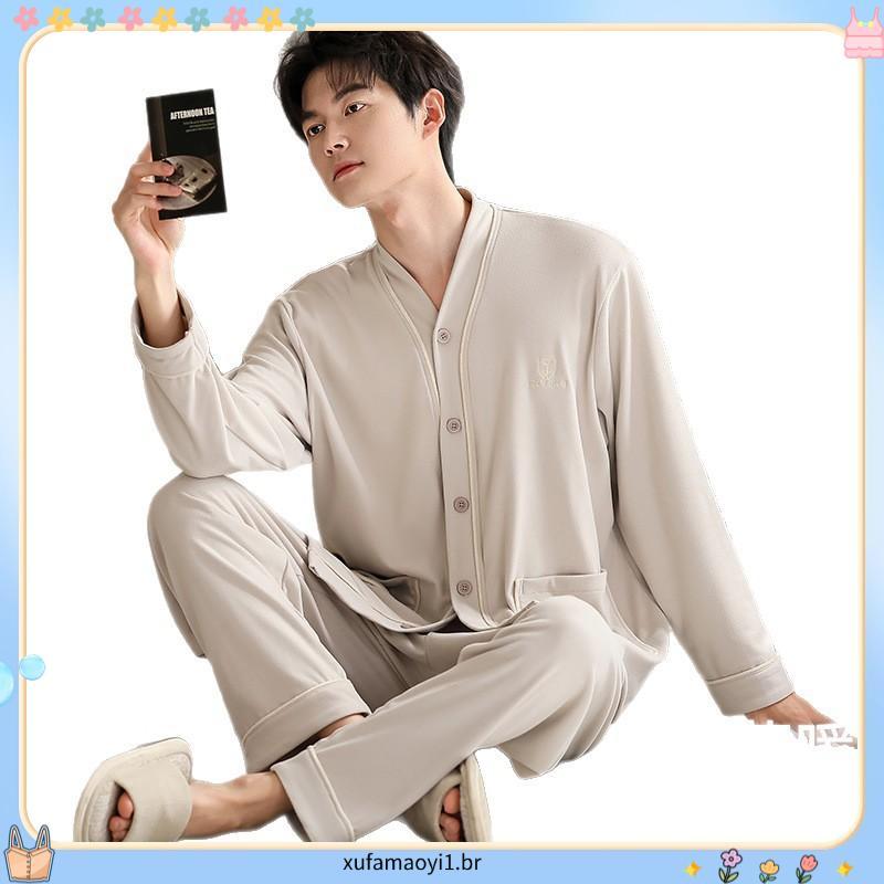 Pijama Adulto Plus Size Masculino Longo Inverno Abertura Frontal Com Botões