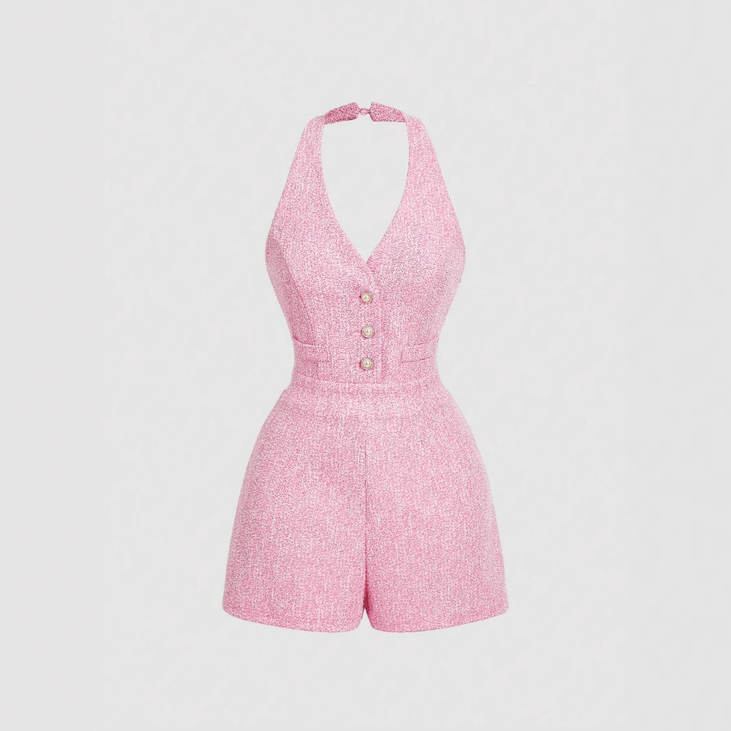 Macacão Feminino Rosa Tweed Halter , Decote Em V Sem Mangas Slim Fit , Com Detalhe De Botão De Cintura Alta Para O Verão