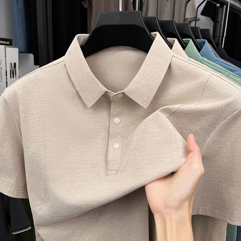 Novo estilo costura camisa polo de verão cor sólida lapela masculina manga curta Casual All-Match vestido de verão