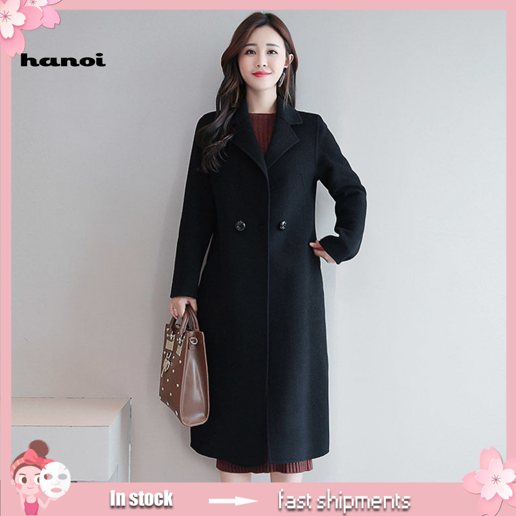 HAN_ Sobretudo Feminino De Inverno Com Gola Virada Para Baixo , Cor Sólida , Mangas Compridas , Botões Duplos , Cardigã