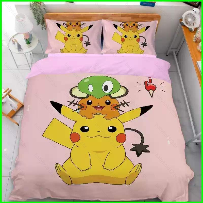 BB12 Pokemon Pikachu Squirtle 3 Em 1 Lençol Capa De Edredão Fronha Conjunto De Cama Anime Quarto Lavável BB12