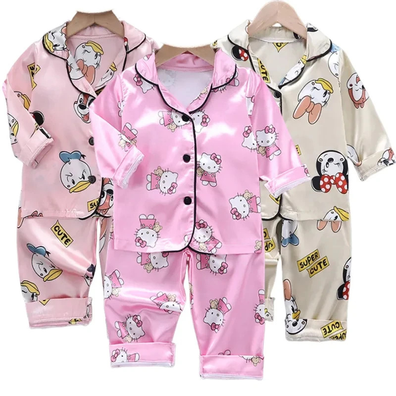 Conjunto de Pijama de Cetim Infantil para Primavera, Versão para Meninas, Blusa de Manga Longa Sanrio Hello Kitty + Calç