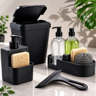 Kit Pia Cozinha Organizador Completo Luxo Lixeira 5L Porta Detergente Porta Esponja Rodin…