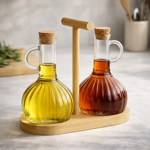 Conjunto 2 Galheteiros Vidro Suporte Bambu Azeite Vinagre Cozinha 350ML SOFISTICADO