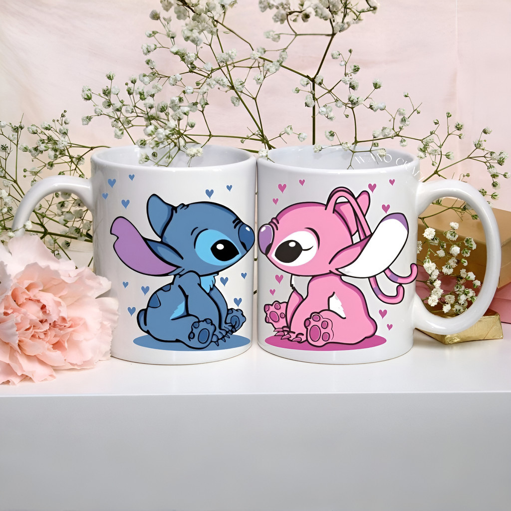 Kit 2 Caneca Stitch Angel Casal Namorado Romantica Lilo Stich Anjel Amor Xicara Cha Geek Azul Rosa