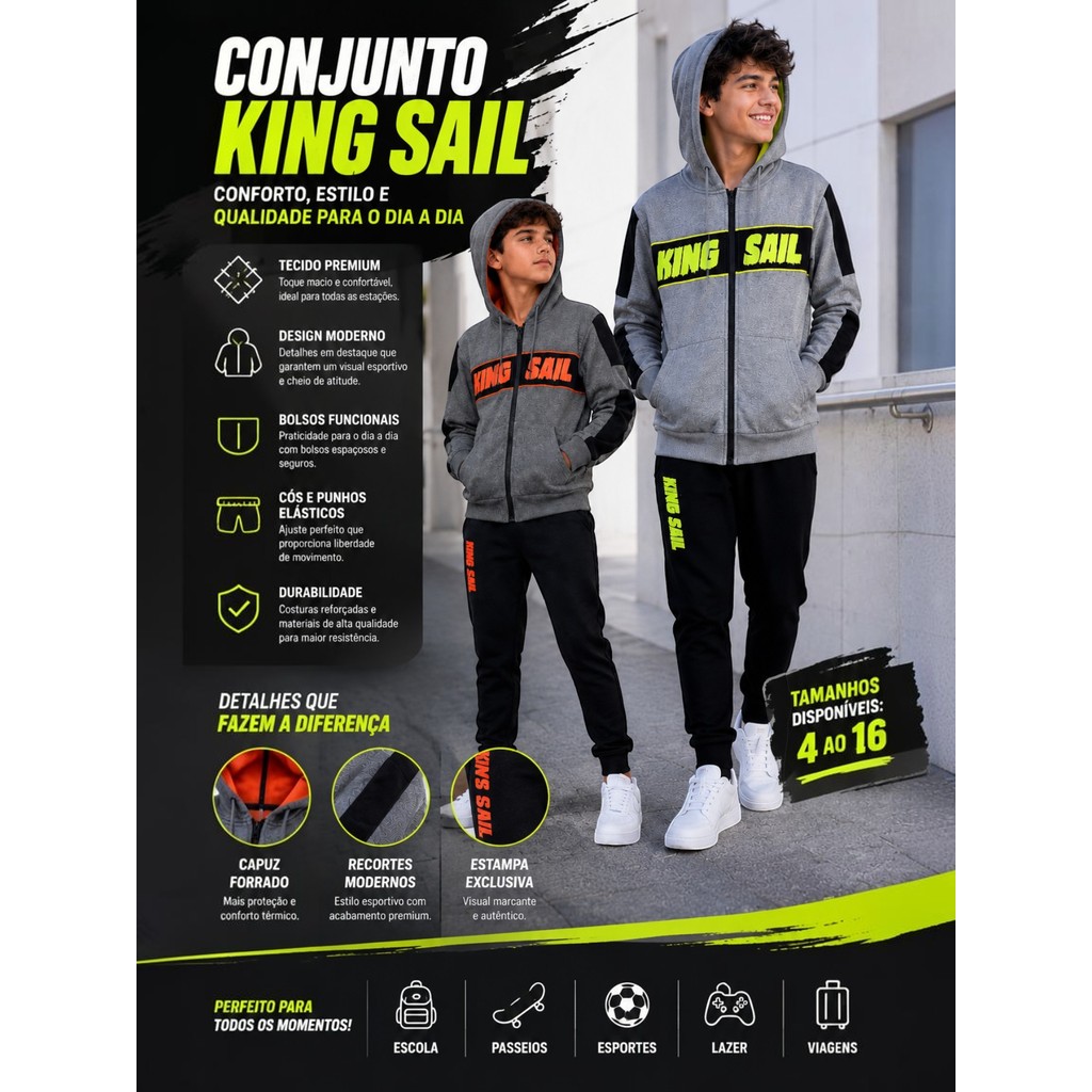 Conjunto Moletom Infantil Masculino Jaqueta com Capuz e Calça Jogger Menino 4 ao 16 Inverno Casual Esportivo Confortável