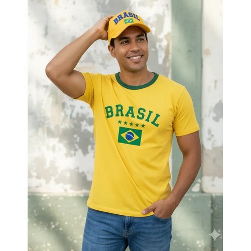 Kit Camiseta + Boné Brasil Torcedor Copa Brasil Adulto Amarelo Brasil Gg Estampa Localizada
