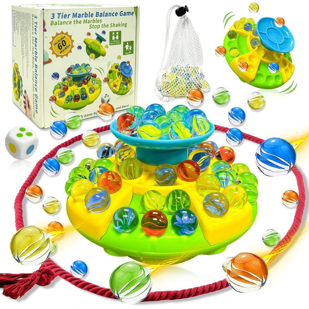 3-Tier Marble Balance Game, Marbles, 60 Glass Marbles & Storage Base, Marble Board Game for 1-4 Players, Fun Party Game 