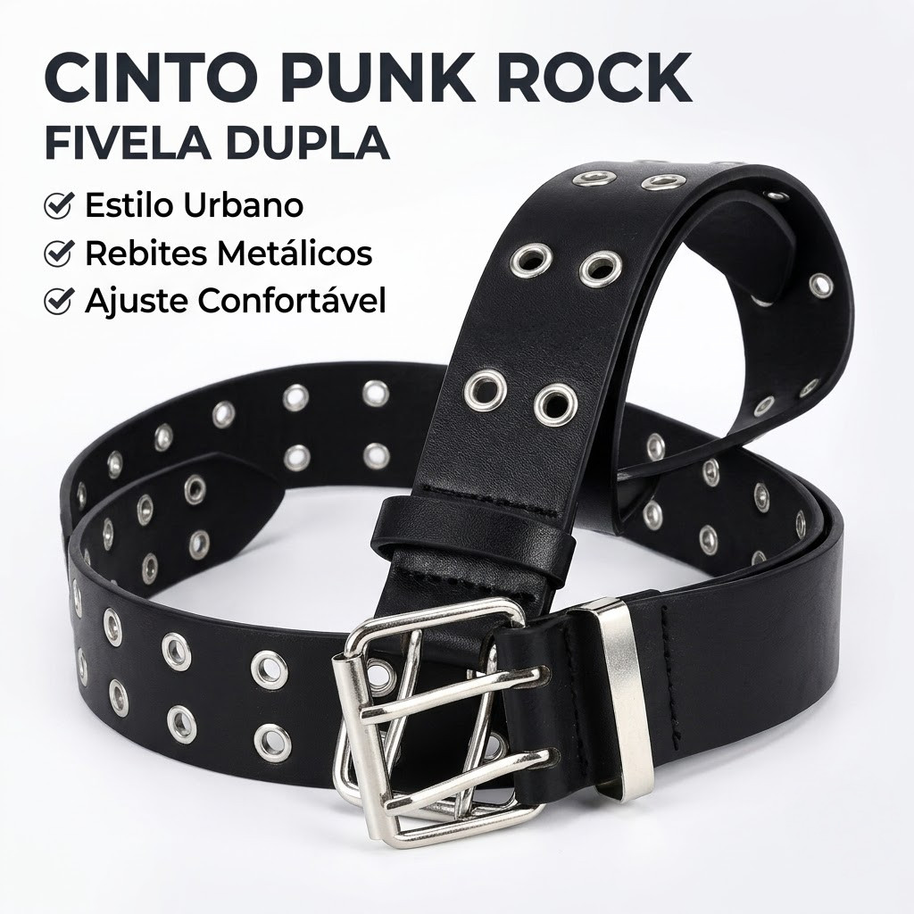 Cinto Punk Rock Unissex Dupla Fivela com Rebites Ajustável Estilo Streetwear Preto