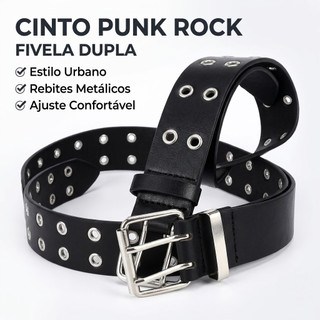 Cinto Punk Rock Unissex Dupla Fivela com Rebites Ajustável Estilo Streetwear Preto
