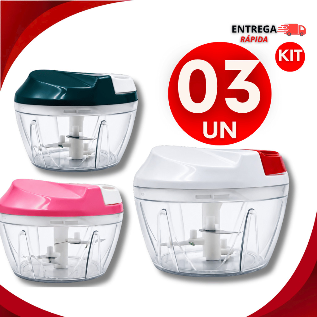 Kit Triturador Processador Manual 500ml Picador Alho Cebola Legumes 3 Laminas Inox Praticidades