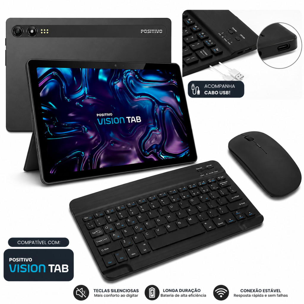 Kit Teclado e Mouse Slim Sem Fio Bluetooth Portátil para Tablet Positivo Vision Tab