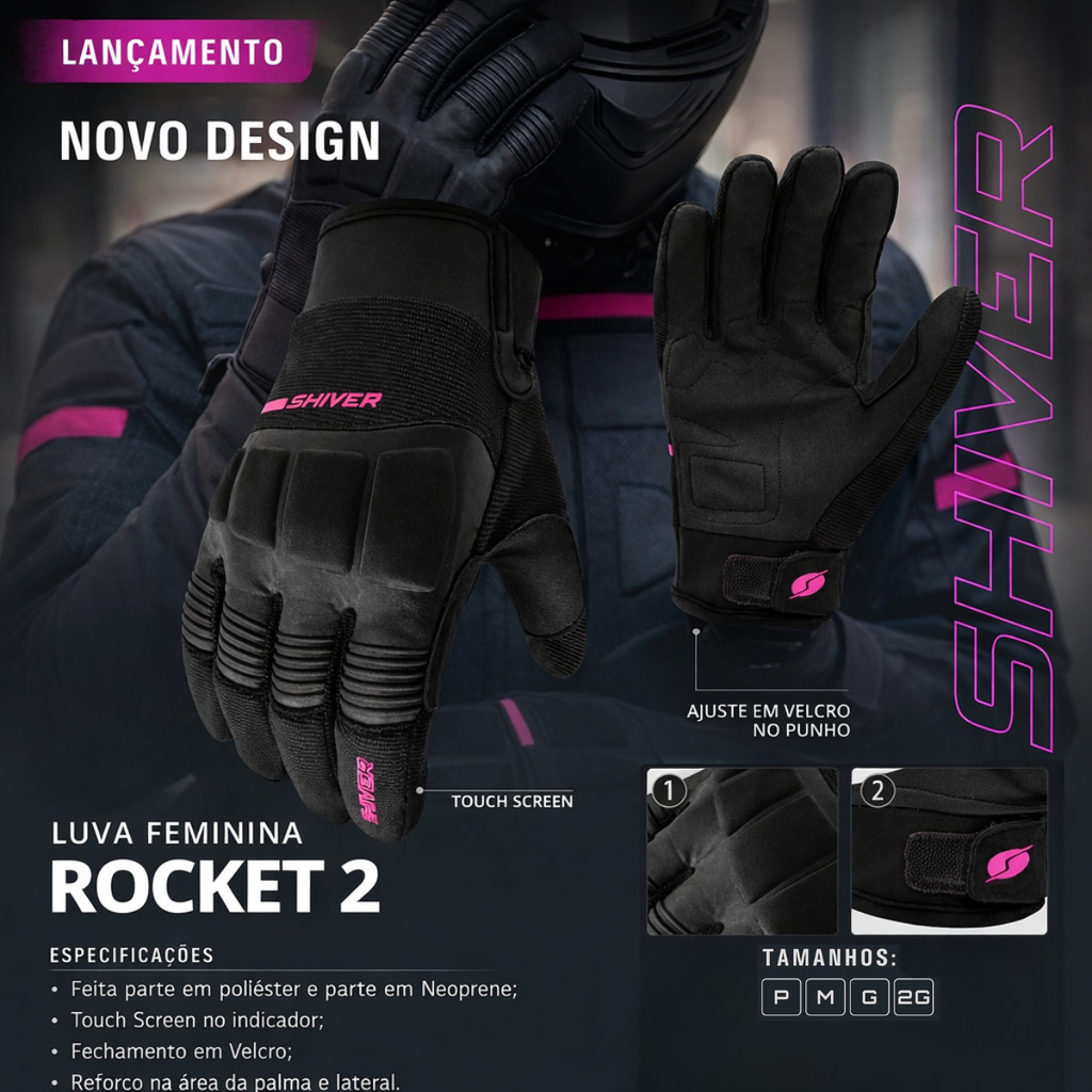 Luva Motoqueira PILOTA Feminina Shiver Rocket 2 Rosa SHIVER Original PROTEÇÃO SEGURANÇA TIPO X11