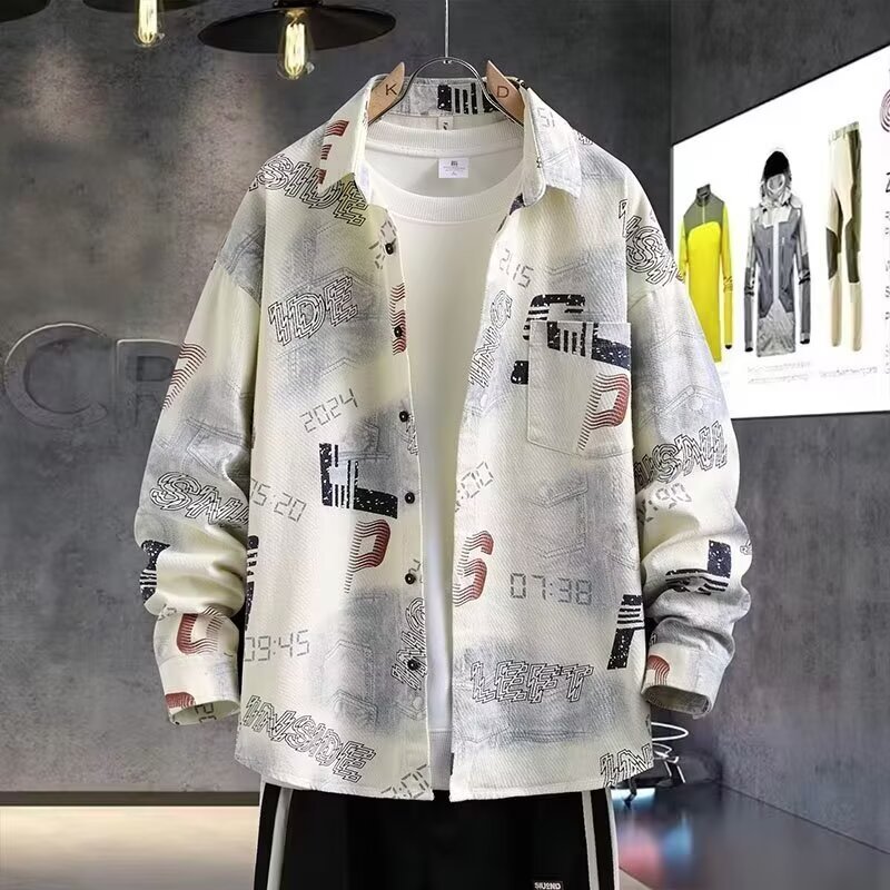 Camisa impressa exclusiva masculina de manga comprida versão coreana moda na moda camisa bonita masculina primavera outo