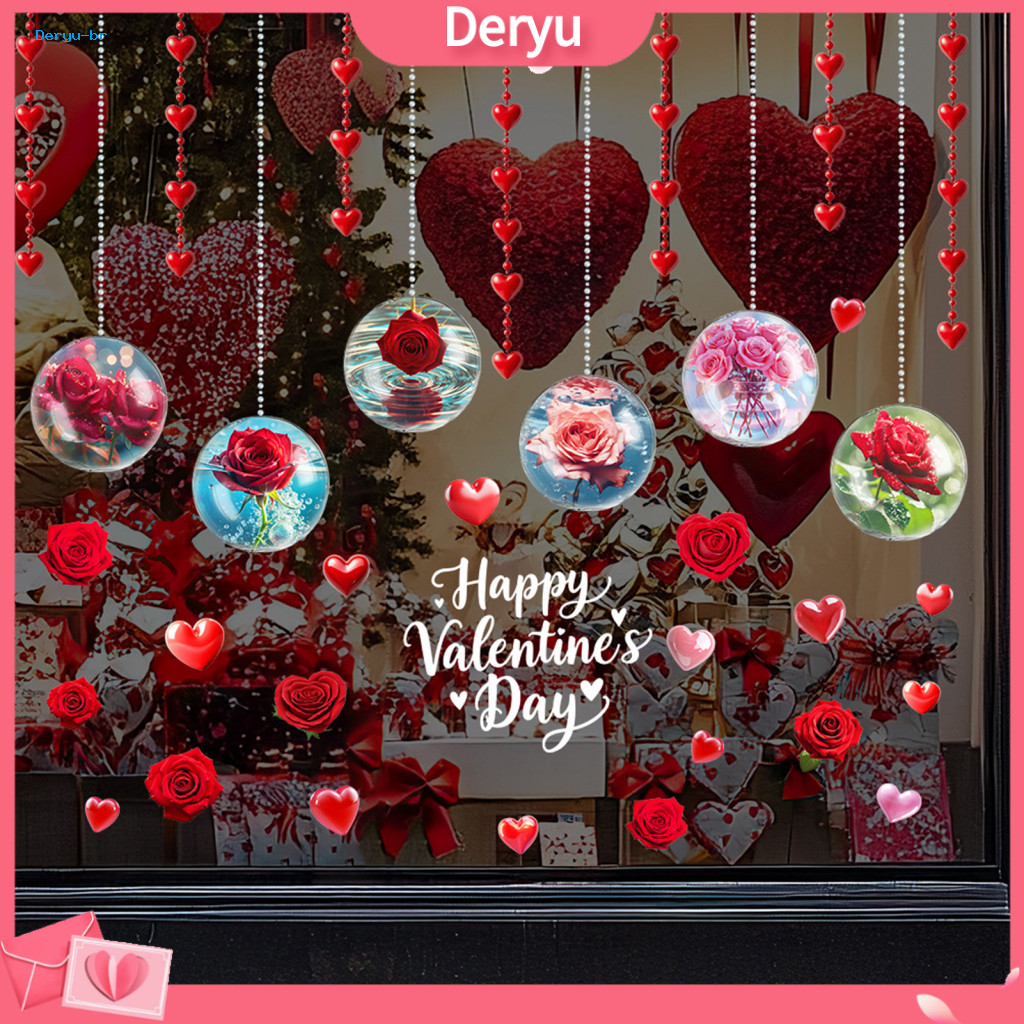 Valentine Window Sticker Rose Heart Decal Valentine’s Day Clings Static Stickers Reusable Double-sided Pvc Decals for