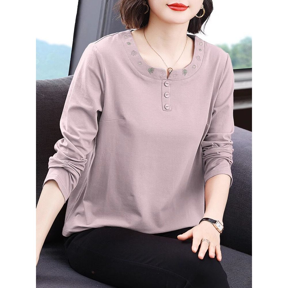 Camiseta feminina de manga comprida de algodão puro, roupas femininas de outono, roupa externa, moda de meia-idade, cami