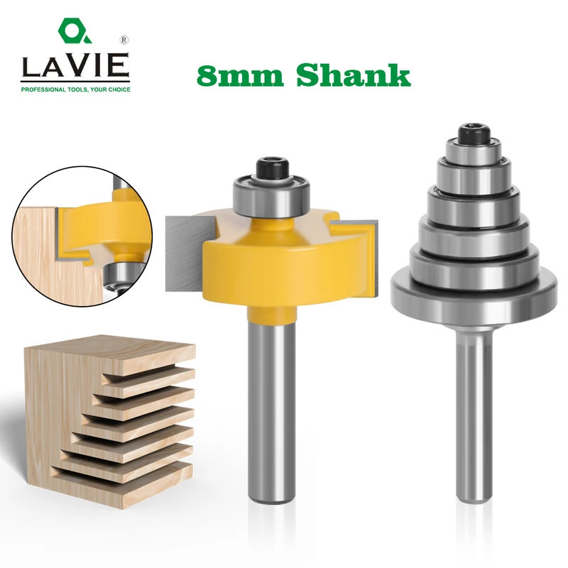 (Quente) LAVIE 2 Pcs 8mm Haste Rabbet Router Bit Com 6 Rolamentos Ajustáveis Tenon Fresa Carboneto Cimentado Carpintaria