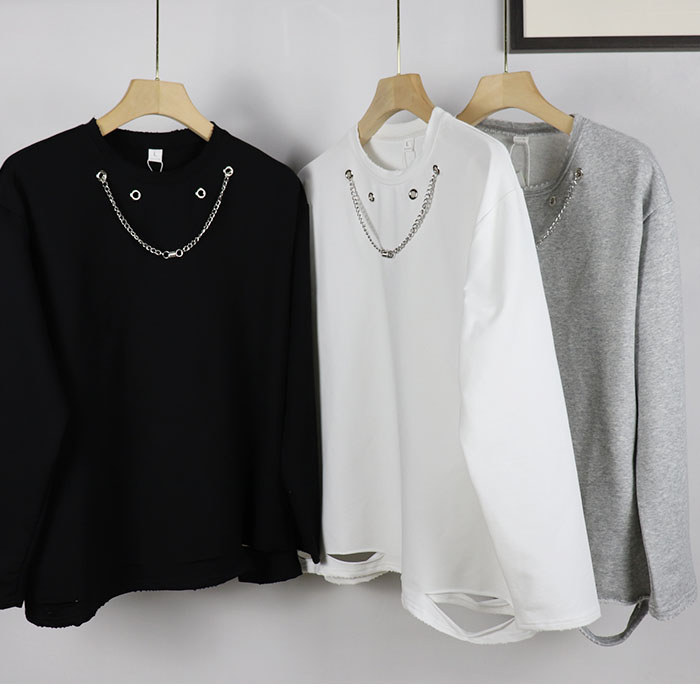 Street Wear primavera estilo masculino feminino moletom de manga comprida camiseta Casual estudante buraco com corrente 