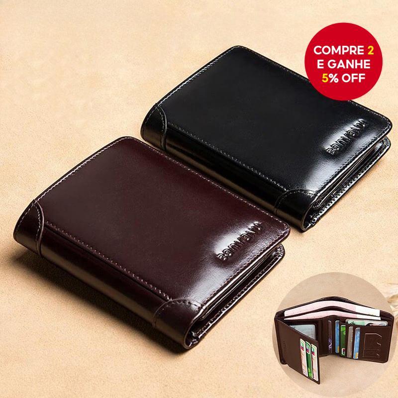 Carteira Masculina De Couro Genuíno Com Bloqueio Rfid, Carteira Trifold Vertical Curta, antirroubo
