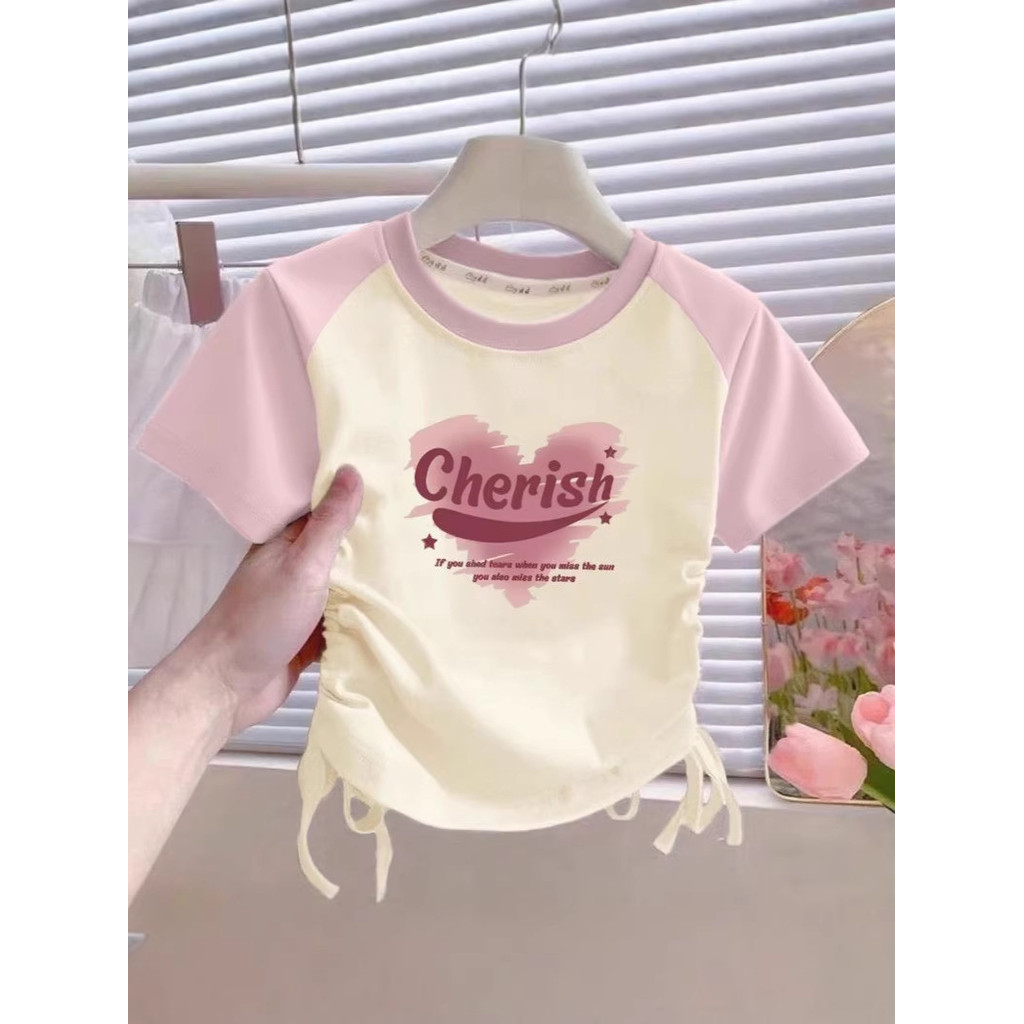 Meninas de manga curta puro algodão gelo seda cordão camiseta verão 2026 novo estilo crianças solto All-Match ocidental