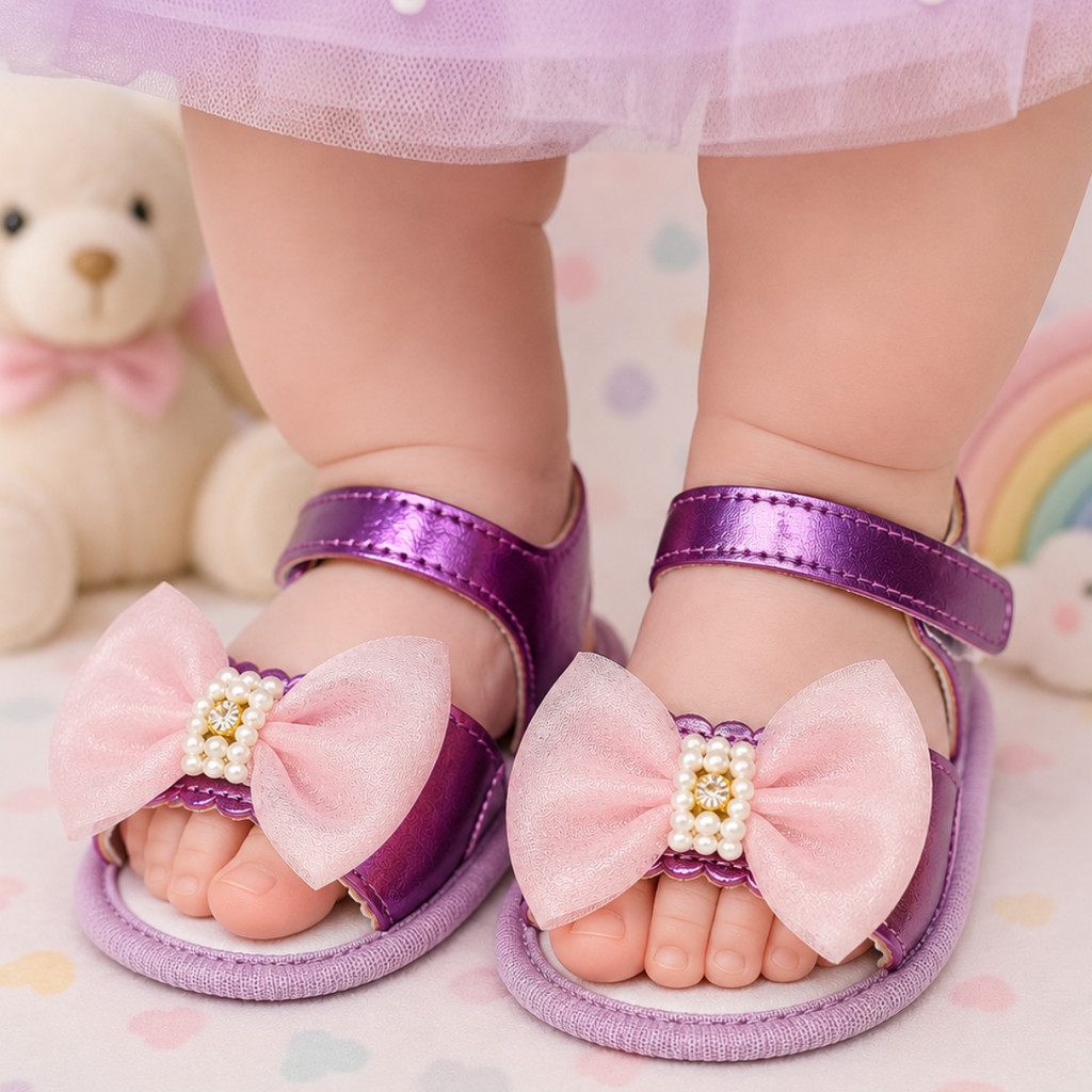 Sandália Bebê Infantil Recém Nascido Menina Verniz Ajuste de Velcro Detalhes de Borboleta e Pérolas