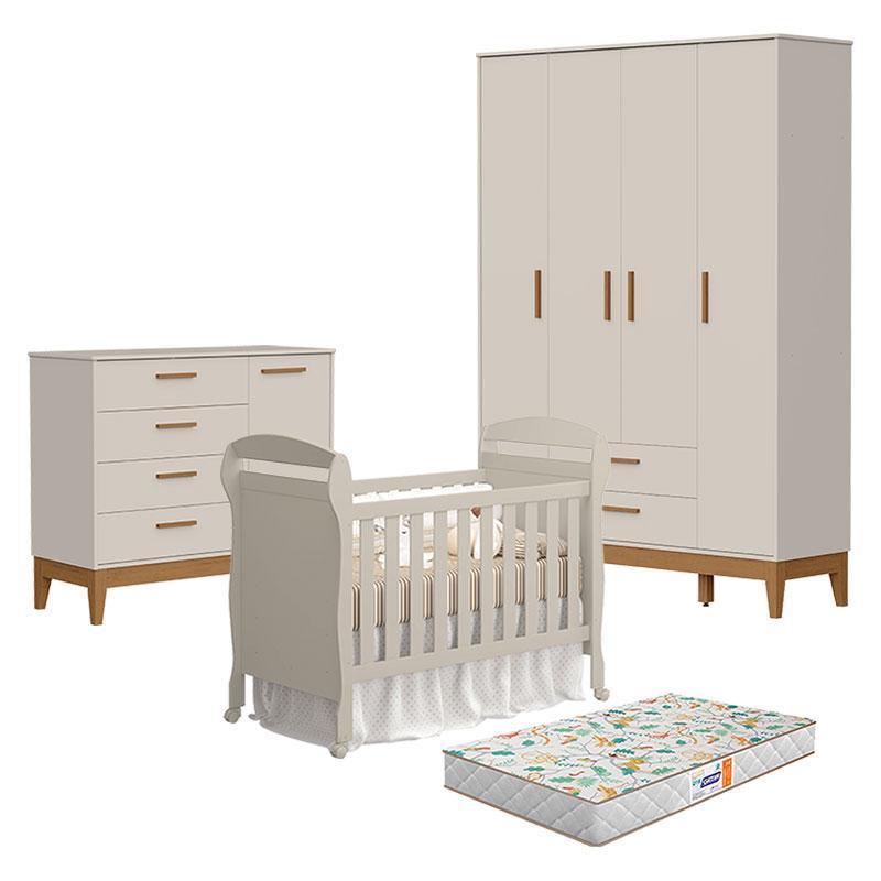 Quarto de Bebê 4 Portas com Cômoda com Porta Flip e Berço Americano Danny Areia Acetinado com Colchão Gazin - Reller