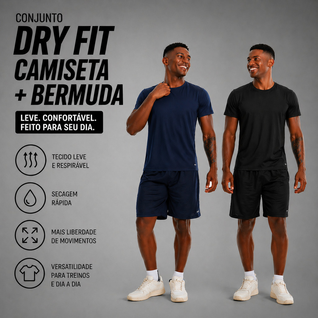 Conjunto 1 Camiseta Masculina Fitness + 1 Bermuda Academia Dry fit