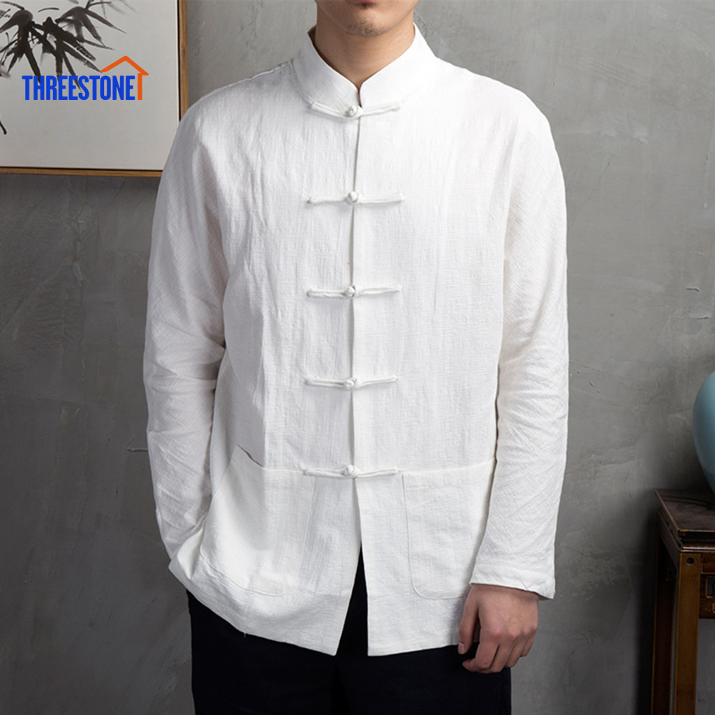 Retro Style Men Shirt Mandarin Collar Disc Button Men's Autumn Chinese Long Sleeve Tai Chi Kung Fu Top with Pockets and