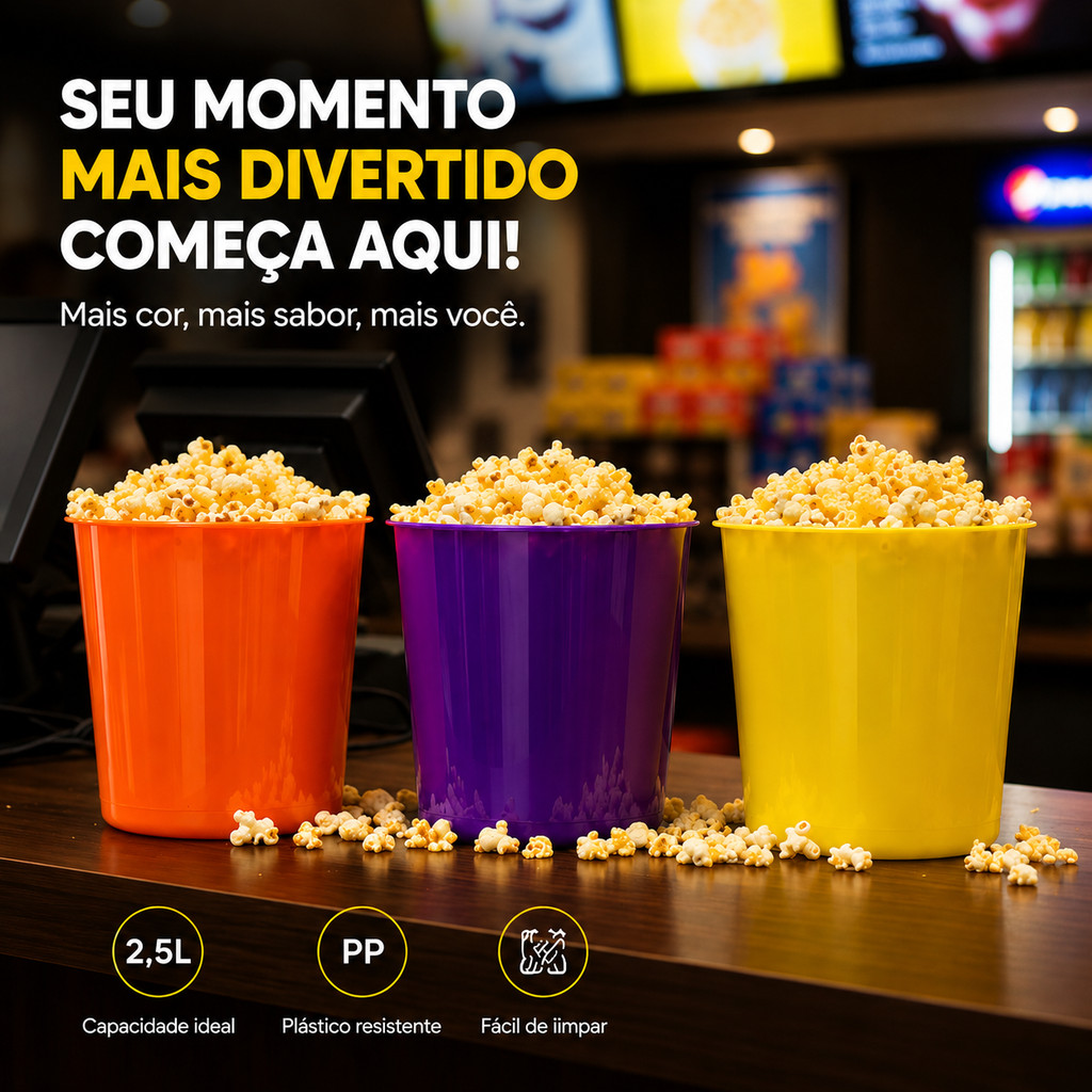KIT 15 BALDE DE PIPOCA 2,5 LITROS PP LISO - PARA FESTA ANIVERSARIO CINEMA EM CASA