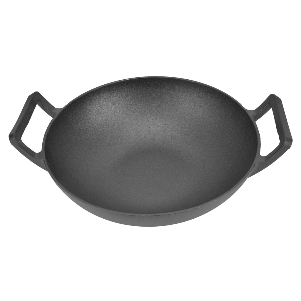 [HEB] Grelha De Ferro Fundido Espessada Sem Revestimento Panelas Antiaderentes Com Alças Duplas Frigideira Wok De 32 Cm