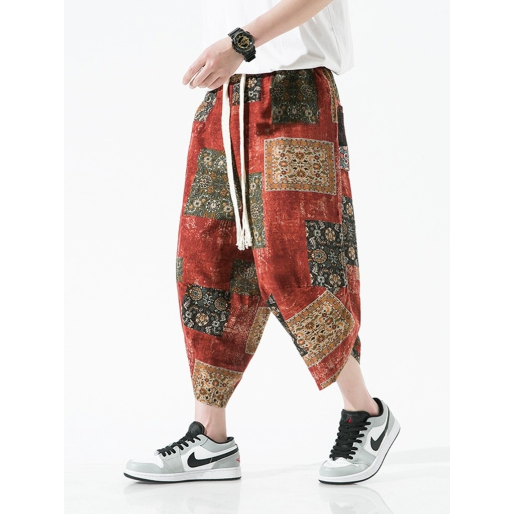 Estilo chinês flor calças masculinas verão Shorts finos soltos tamanho grande calças cortadas estilo étnico Casual calça