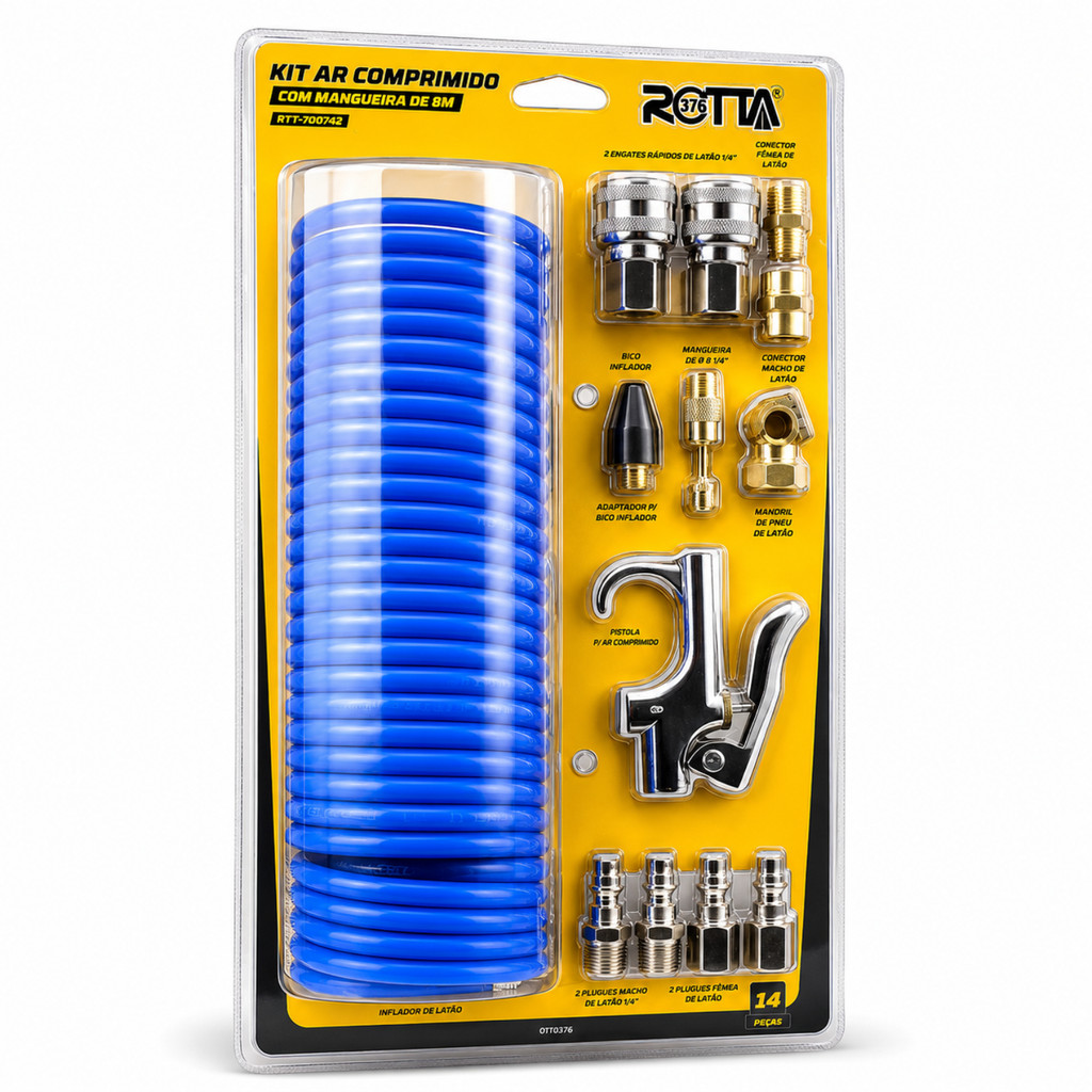Kit Compressor Ar Comprimido 14 Peças Mangueira 8m Bico Limpeza Encher Pneu Bola